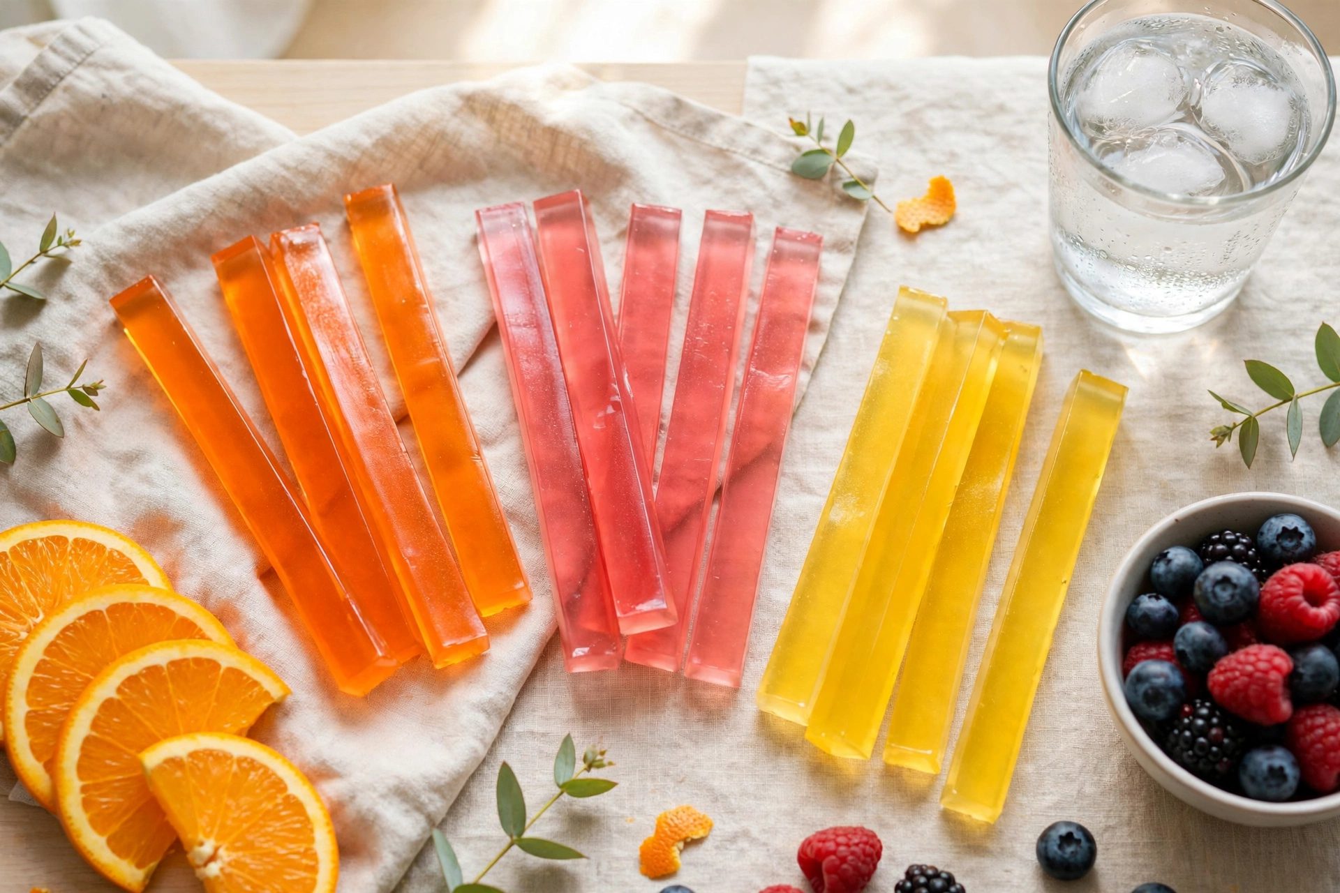 Colorful fruit jelly sticks with fresh fruit and a glass of water — illustrative image